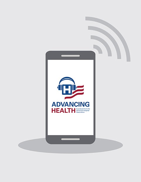 Illustration of a mobile device with AHA Advancing Health podcast logo on screen