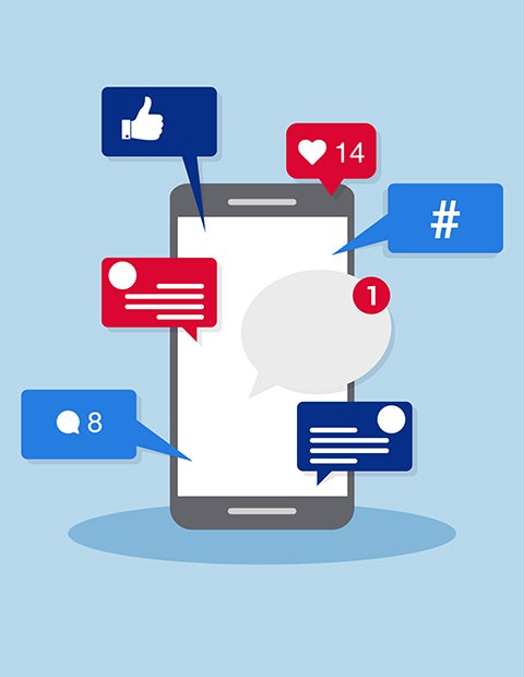 Illustration of a mobile device surrounded by social media icons